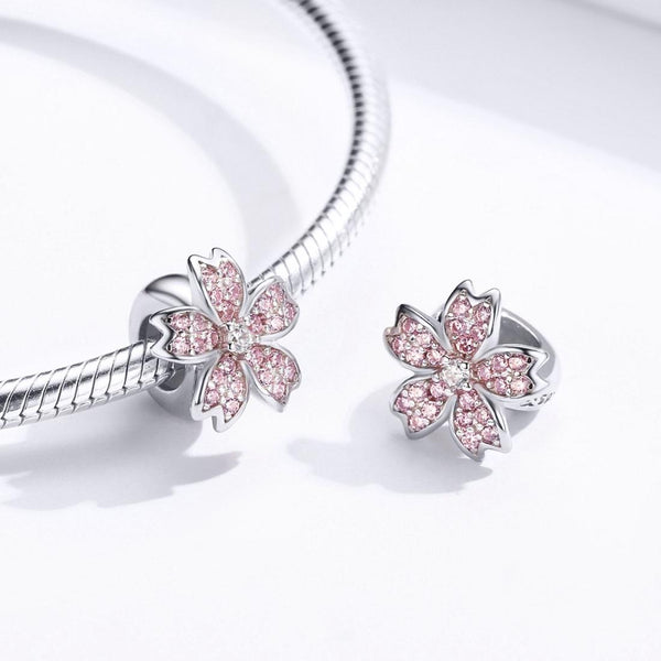 925 Sterling Silver Platinum Plated Pink Flower Beads For Diy Bracelets Charms & Pendants