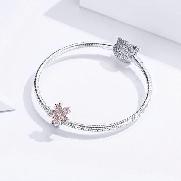 925 Sterling Silver Platinum Plated Pink Flower Beads For Diy Bracelets Charms & Pendants