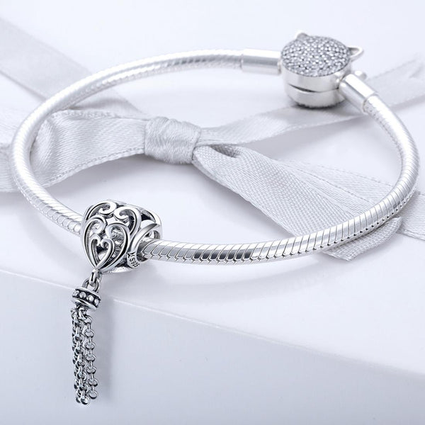 925 Sterling Silver Love Heart Beads Tassel Charms & Pendants