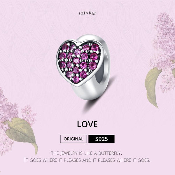 925 Sterling Silver Love Heart Pink Zircon Bracelet / Necklace Charm Charms & Pendants