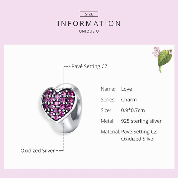 925 Sterling Silver Love Heart Pink Zircon Bracelet / Necklace Charm Charms & Pendants