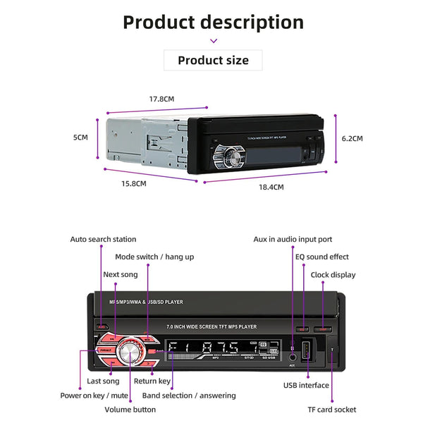 7 Inch Hd Car Mp5 Player W / Locator Technology Bluetooth Mirror Link Fm Tf & Usb Other Car Audio