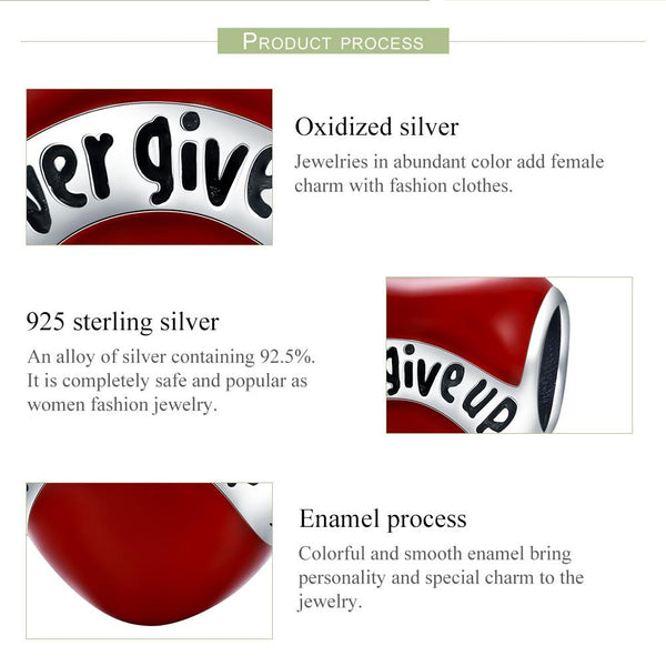 925 Sterling Silver Heart Shaped Beads In Never Give Up Charms & Pendants