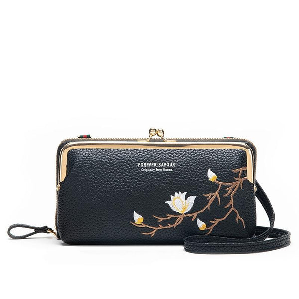 Black Embroidered Crossbody Wallet With Large Capacity Wallets