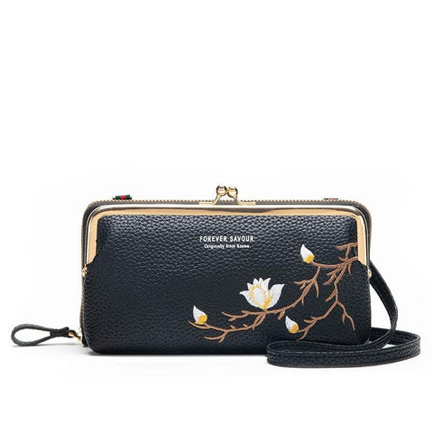 Black Embroidered Crossbody Wallet With Large Capacity Wallets