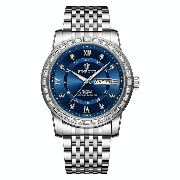 Diamond Dual Calendar Luminous Quartz Watch B2202 White Steel Blue Watches