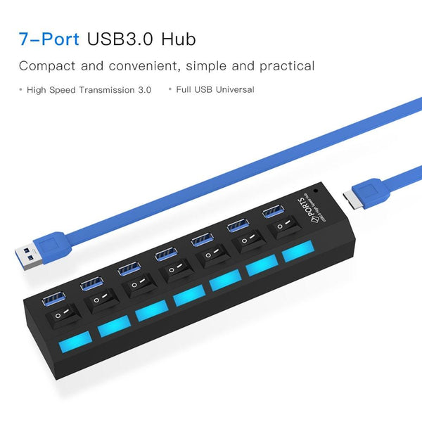 7 Port Usb 3.0 Hub 5Gbps Plug & Play 1Tb Support Black Usb Cables Hubs & Adapters