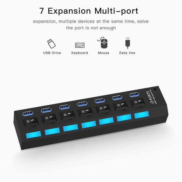 7 Port Usb 3.0 Hub 5Gbps Plug & Play 1Tb Support Black Usb Cables Hubs & Adapters