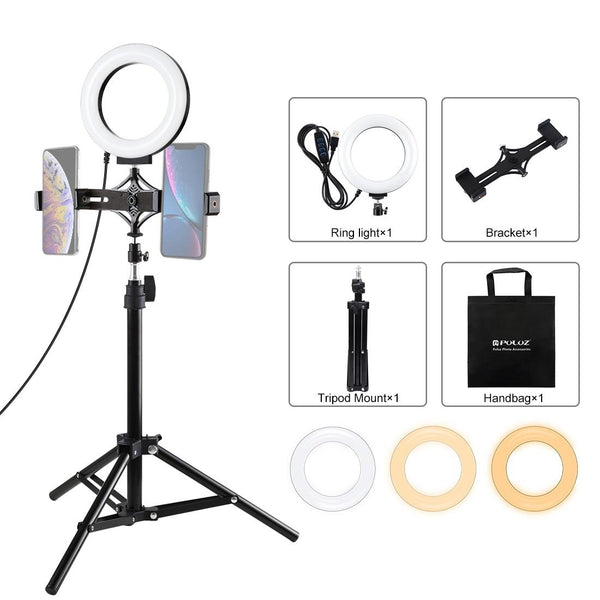 Live Broadcast Dual Phone Bracket With 70Cm Tripod & 6.2 Inch 16Cm Led Ring Light Kit Mounts & Holders