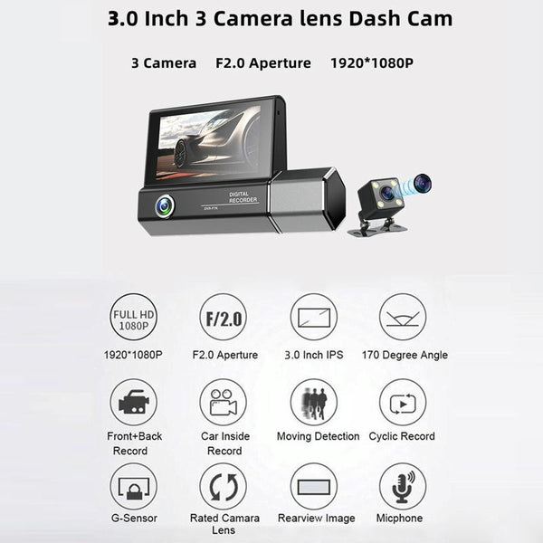 1080P Hd Multi Language Driving Recorder With 3 Lenses Video In Dash Units W/O Gps