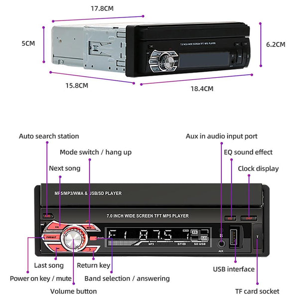 7 Inch Carplay Mp5 Player W / Retractable Screen Fm Bluetooth Tf Card 9601C Other Car Audio