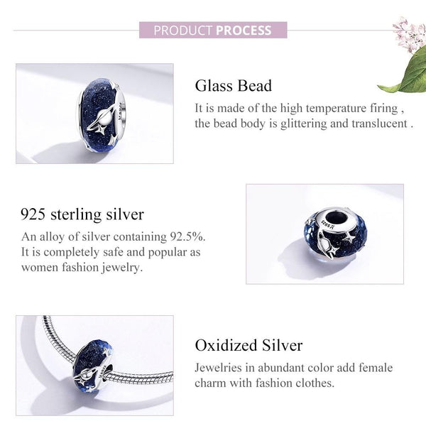 925 Sterling Silver Blue Glass Bead Pendant With Starry Sky Design Charms & Pendants