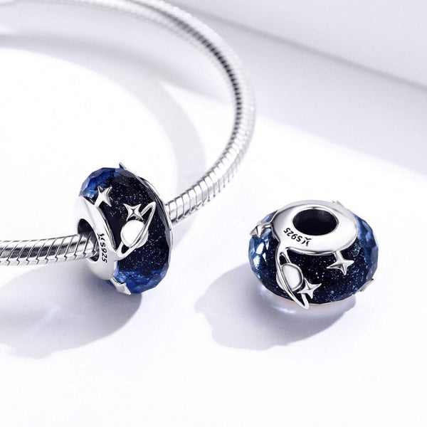 925 Sterling Silver Blue Glass Bead Pendant With Starry Sky Design Charms & Pendants