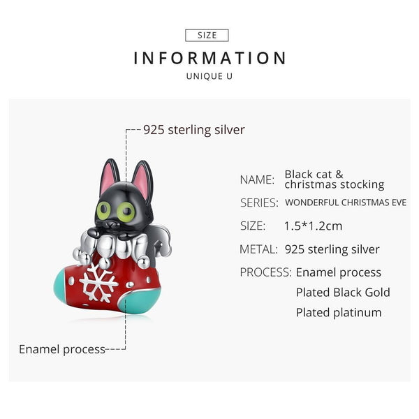 925 Sterling Silver Christmas Sock Cat Beads For Diy Bracelets & Necklaces Charms & Pendants