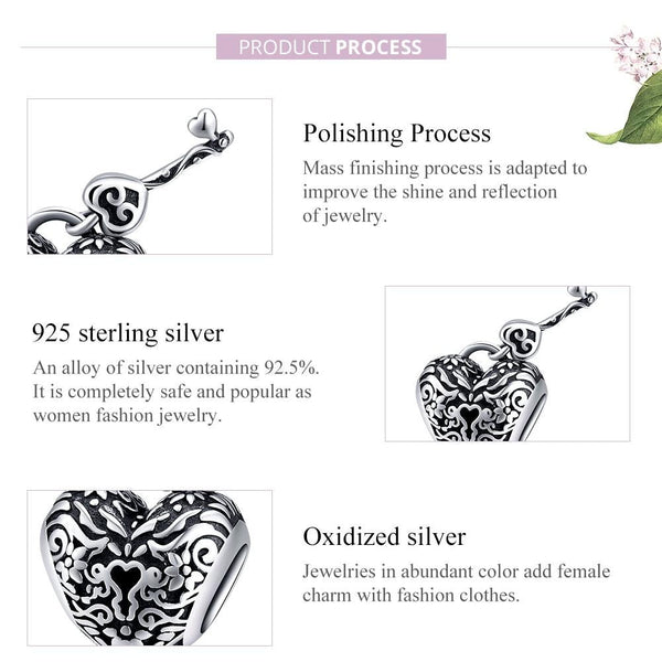 925 Sterling Silver Retro Heart Beaded Bracelet Charms & Pendants