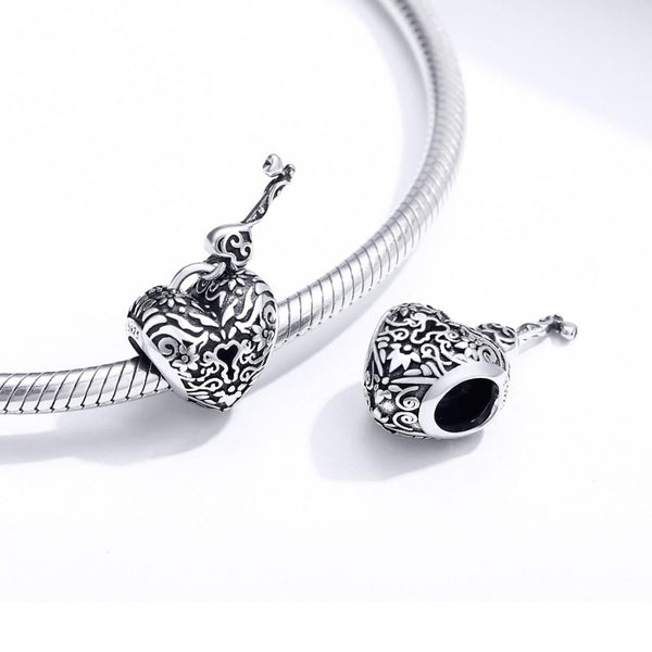 925 Sterling Silver Retro Heart Beaded Bracelet Charms & Pendants