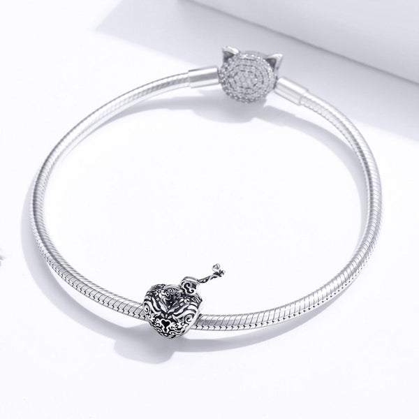 925 Sterling Silver Retro Heart Beaded Bracelet Charms & Pendants
