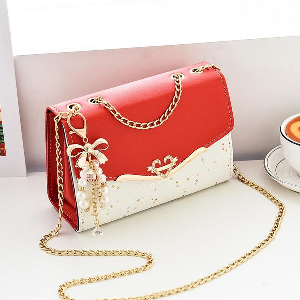 Sequined Messenger Shoulder Bag For Women Beige Red With Pendant Women's Bags & Handbags