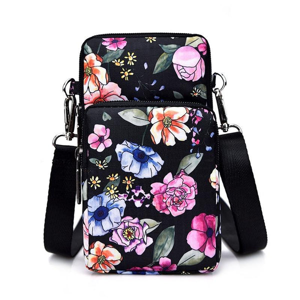 Animal Park Mini Crossbody Phone Wallet With Arm Band Black Flower1 Women's Bags & Handbags