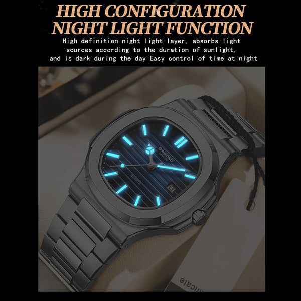 Retro Luminous Square Men Quartz Watch 30M Waterproof Black Steel Black White Watches