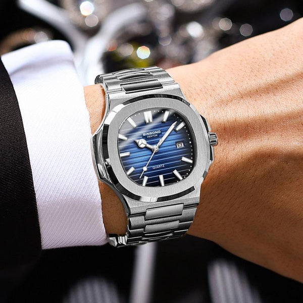 Retro Luminous Square Men Quartz Watch 30M Waterproof Black Steel Black White Watches