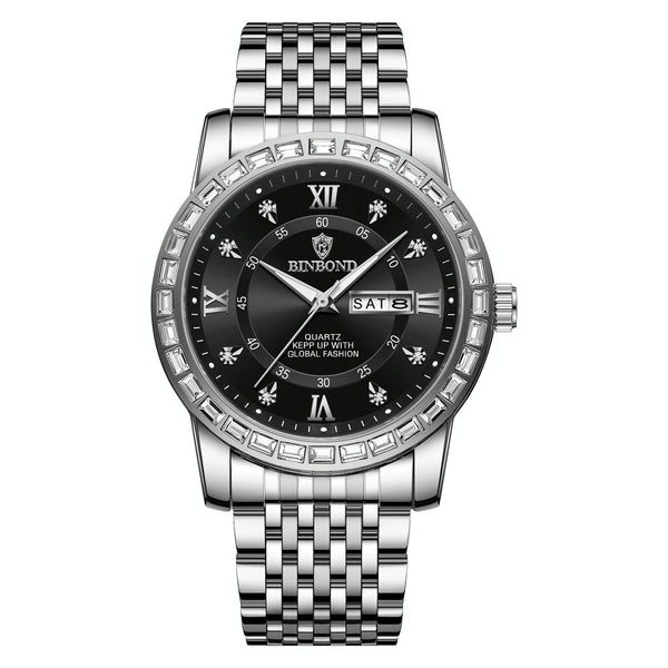 Diamond Dual Calendar Luminous Quartz Watch B2202 White Steel Black Watches