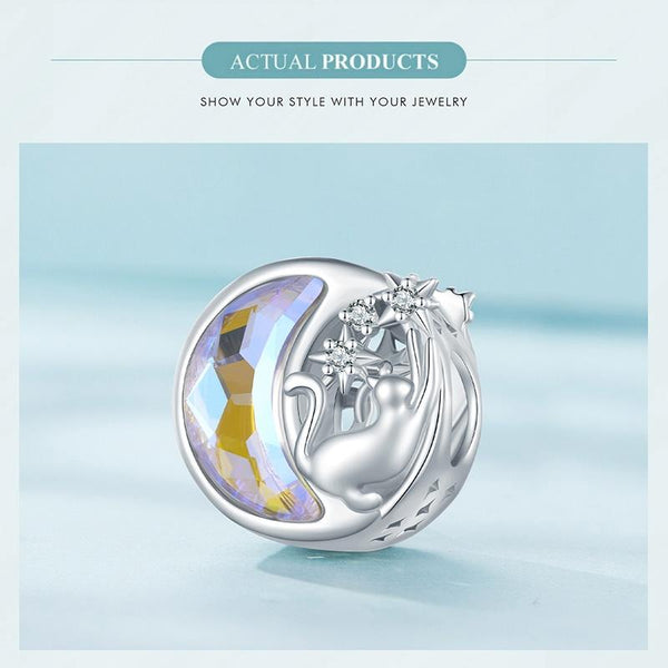 925 Sterling Silver Cat Moon Pendant For Diy Bracelets Charms & Pendants