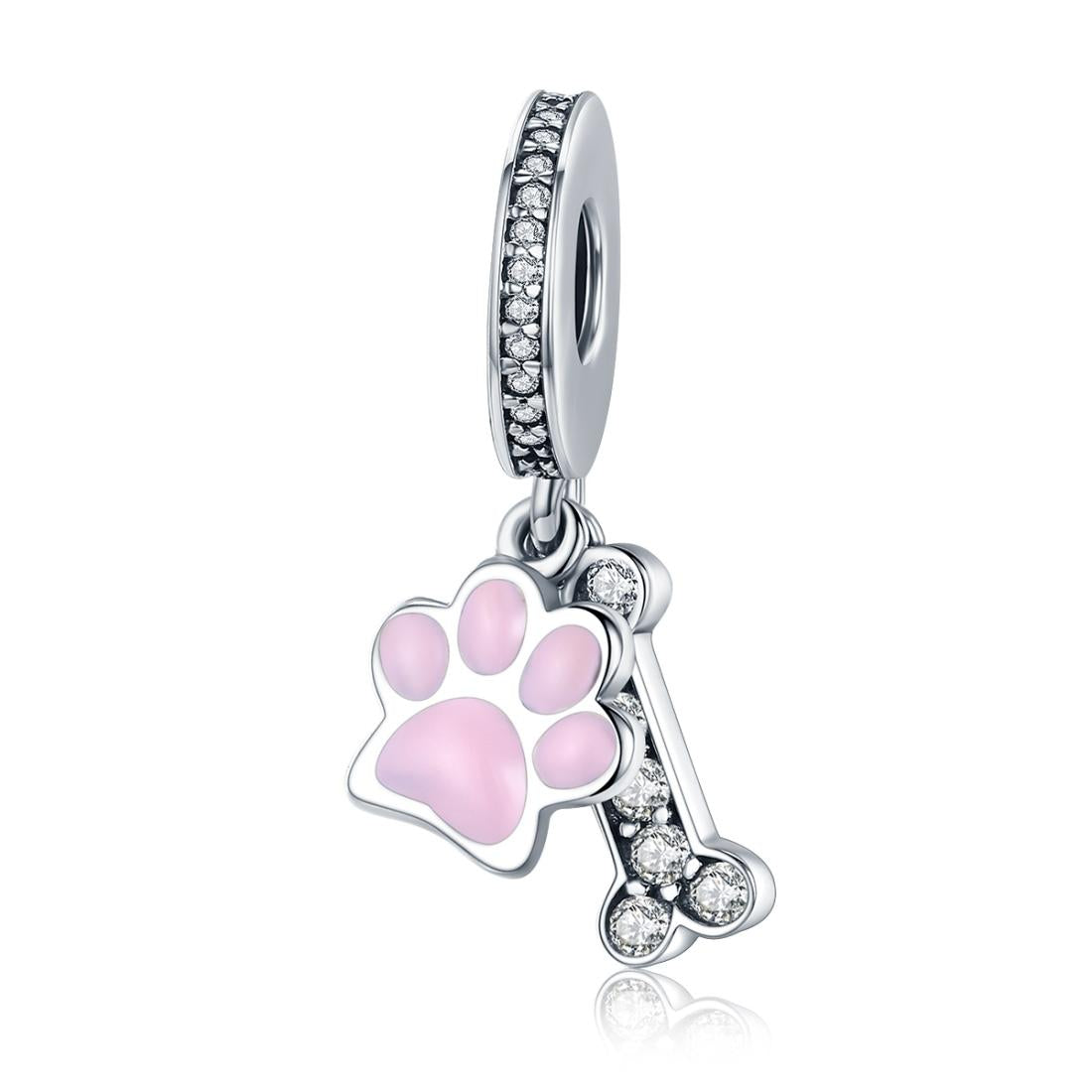 925 Sterling Silver Dog Footprint Diamond Bead Bracelet Charm Charms & Pendants