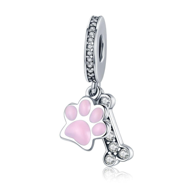 925 Sterling Silver Dog Footprint Diamond Bead Bracelet Charm Charms & Pendants