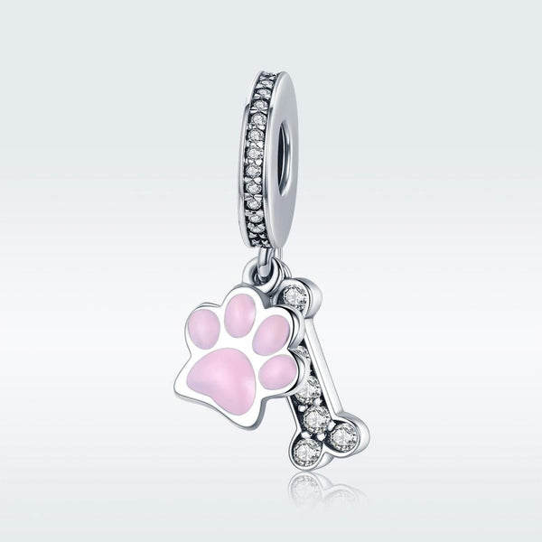 925 Sterling Silver Dog Footprint Diamond Bead Bracelet Charm Charms & Pendants