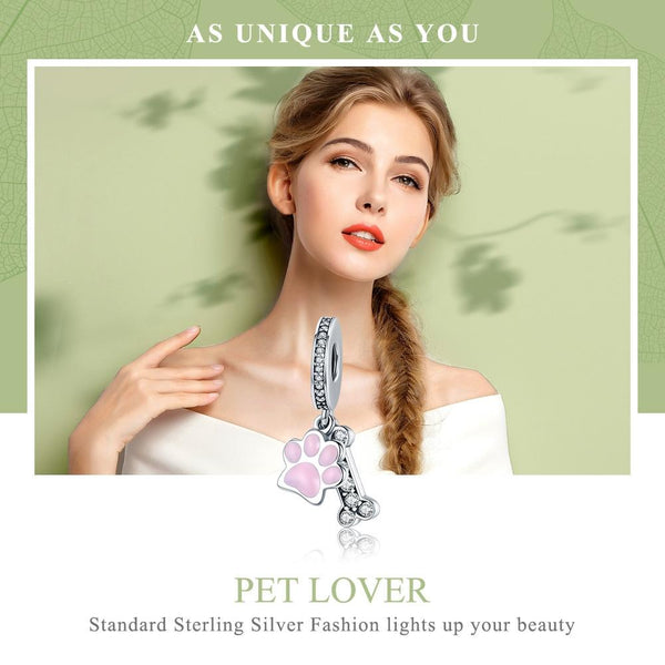 925 Sterling Silver Dog Footprint Diamond Bead Bracelet Charm Charms & Pendants