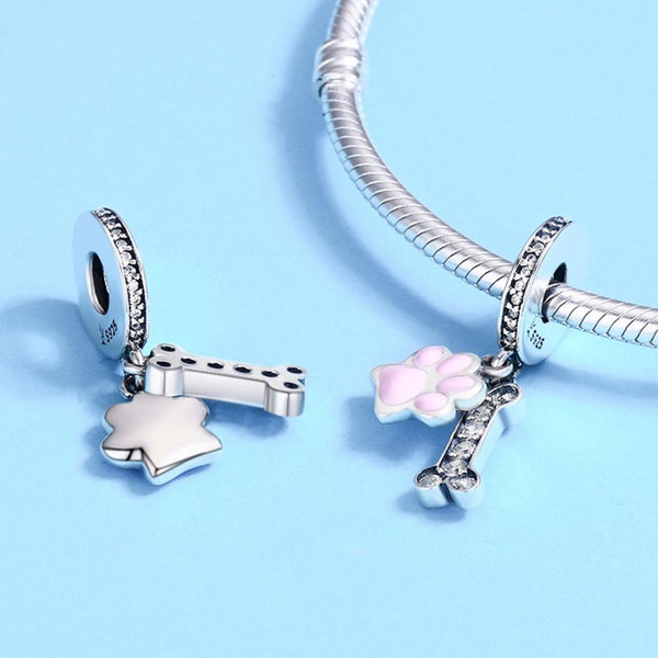 925 Sterling Silver Dog Footprint Diamond Bead Bracelet Charm Charms & Pendants