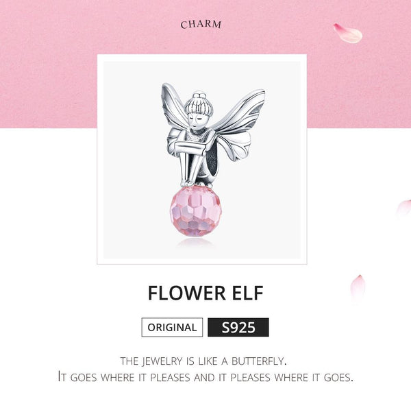 925 Sterling Silver Flower Fairy Beaded Pink Glass Zircon Bracelet Accessories Charms & Pendants