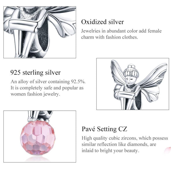 925 Sterling Silver Flower Fairy Beaded Pink Glass Zircon Bracelet Accessories Charms & Pendants
