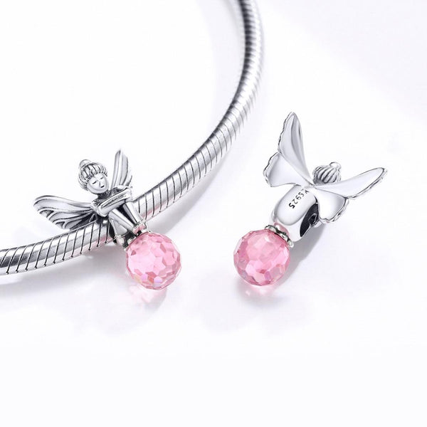 925 Sterling Silver Flower Fairy Beaded Pink Glass Zircon Bracelet Accessories Charms & Pendants