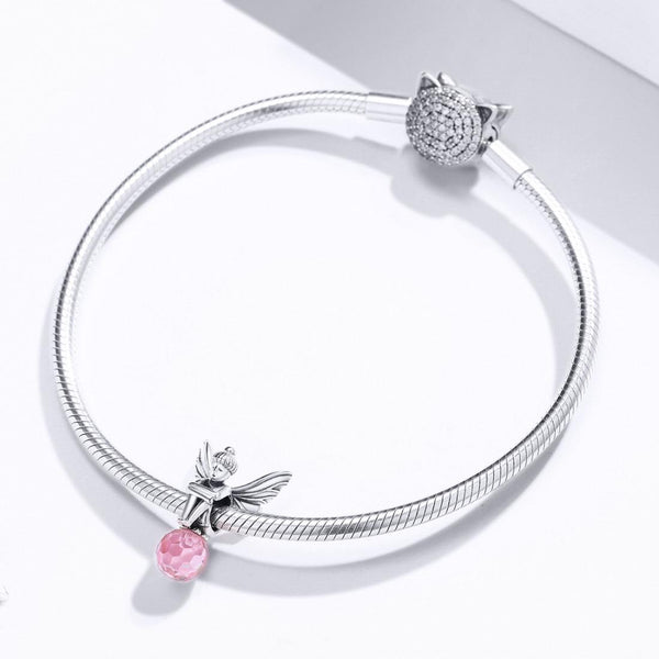 925 Sterling Silver Flower Fairy Beaded Pink Glass Zircon Bracelet Accessories Charms & Pendants