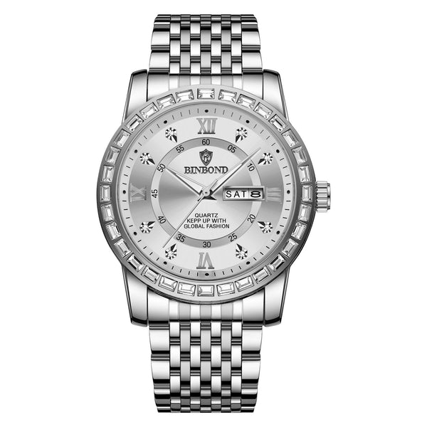 Diamond Dual Calendar Luminous Quartz Watch B2202 White Steel Watches