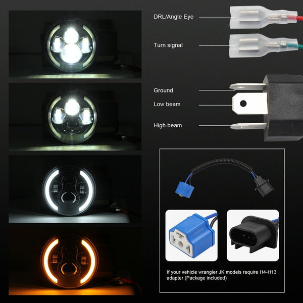 7 Inch H4 / H13 Dc 9V 30V 3000Lm 3000K 6000K 25W Car Round Shape Led Headlight Lamps For Jeep Wrangler With Angel Eye White Light Led Car Lights