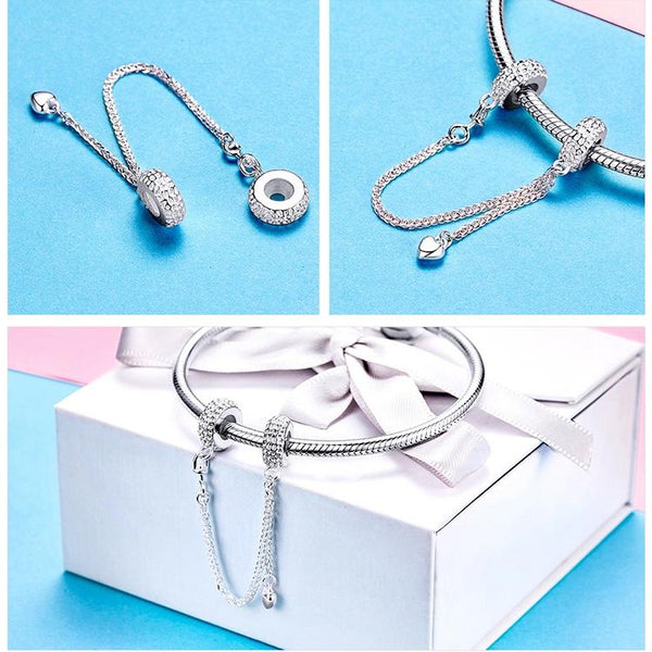 925 Sterling Silver Love Heart Safety Chain Charm For Bracelets Charms & Pendants
