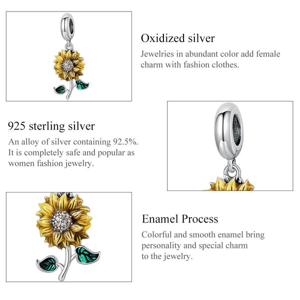 925 Sterling Silver Sunflower Pendant For Bracelet / Necklace Charms & Pendants