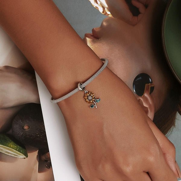 925 Sterling Silver Sunflower Pendant For Bracelet / Necklace Charms & Pendants