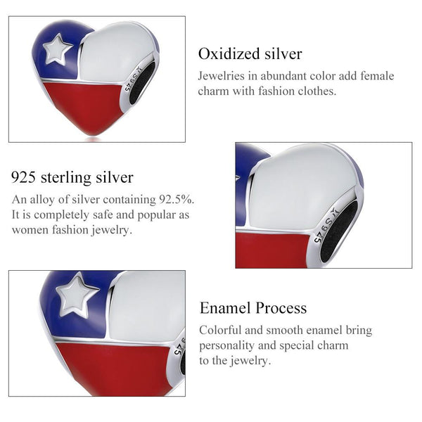 925 Sterling Silver Chilean Flag Heart Beads For Diy Bracelets & Necklaces Charms & Pendants