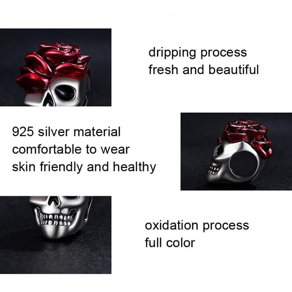 925 Sterling Silver Halloween Skull Bracelet With Rose And Pearl Charms & Pendants