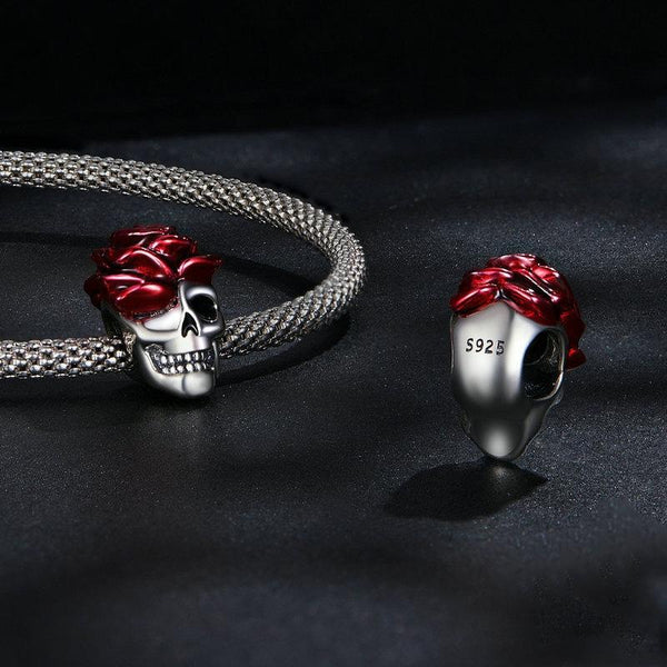 925 Sterling Silver Halloween Skull Bracelet With Rose And Pearl Charms & Pendants