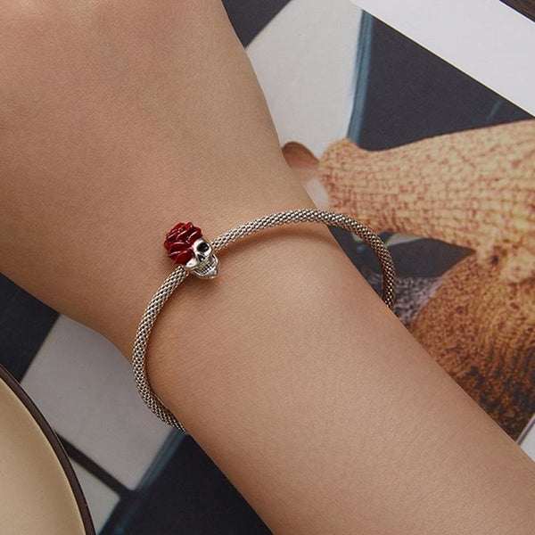 925 Sterling Silver Halloween Skull Bracelet With Rose And Pearl Charms & Pendants
