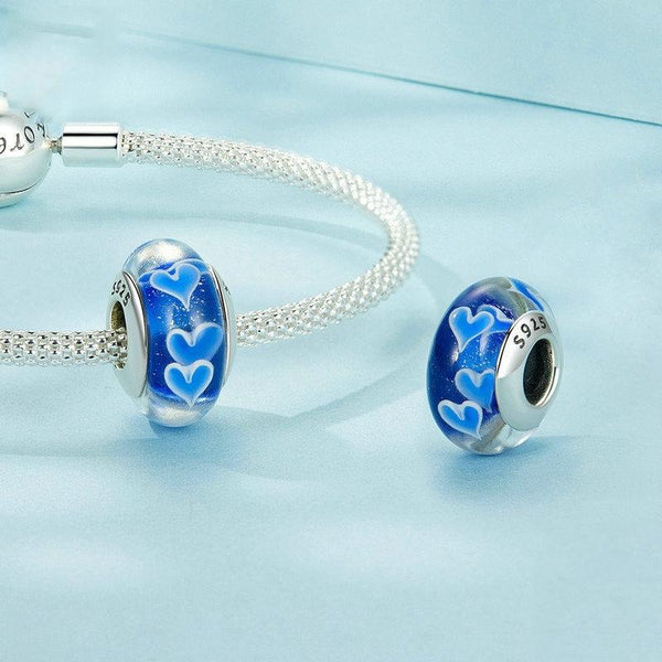 925 Sterling Silver Blue Glass Heart Beads Charms & Pendants