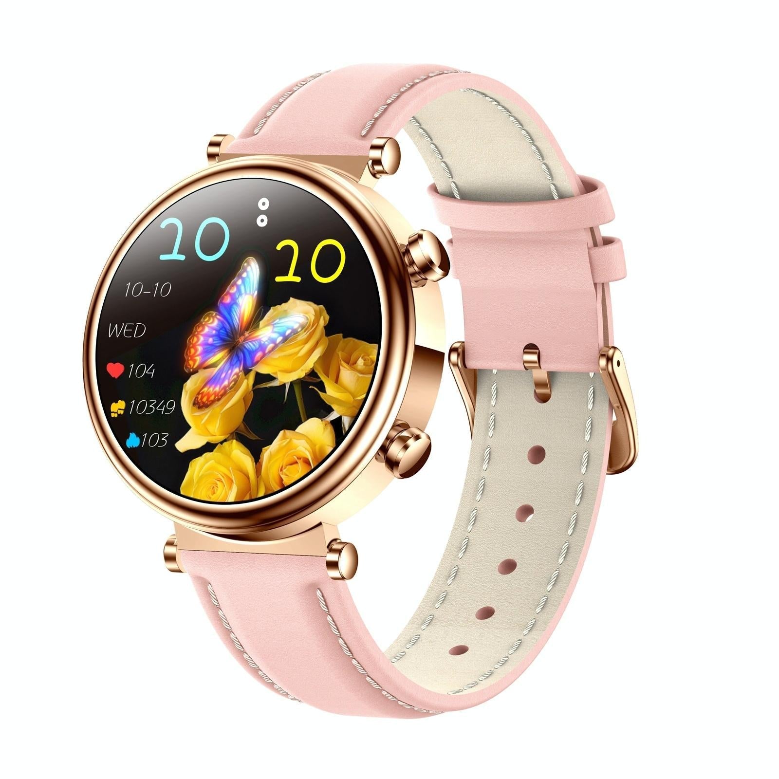 Women Smart Watch With Bt Call Health Tracking And Sos Compact Stylish Rose Gold Pink Leather Smart Watches