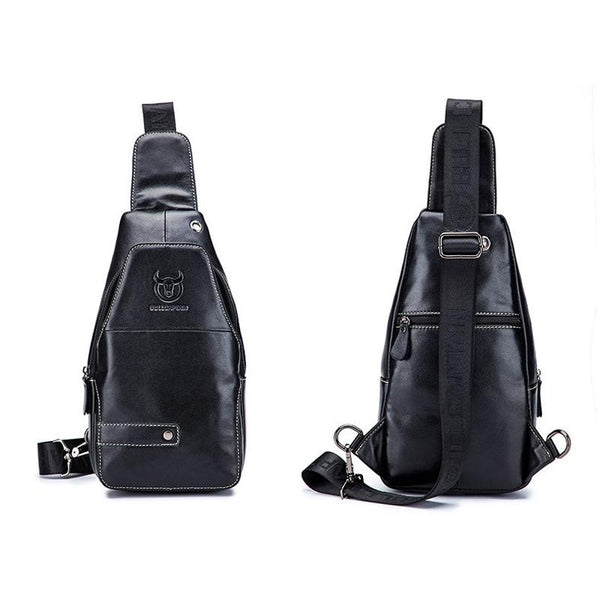 Men Leather Sports Chest Bag First Layer Cowhide Black Bags