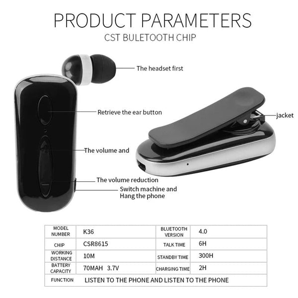 Wireless Bluetooth Earphone With Vibration Reminder And Clip Black Headsets & Earpieces
