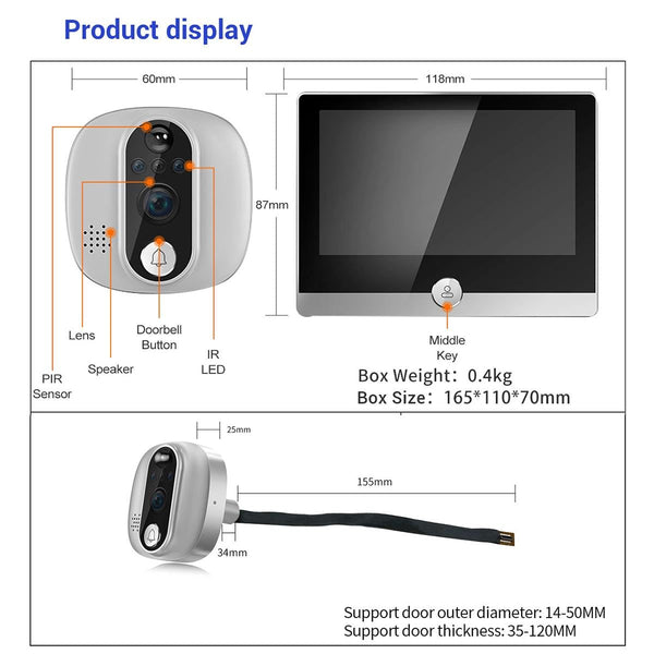 Smart Wifi Door Viewer With Wide Angle Pir & Night Vision 1080P 4.3 Inch Dingdong Photo Smart Doorbells